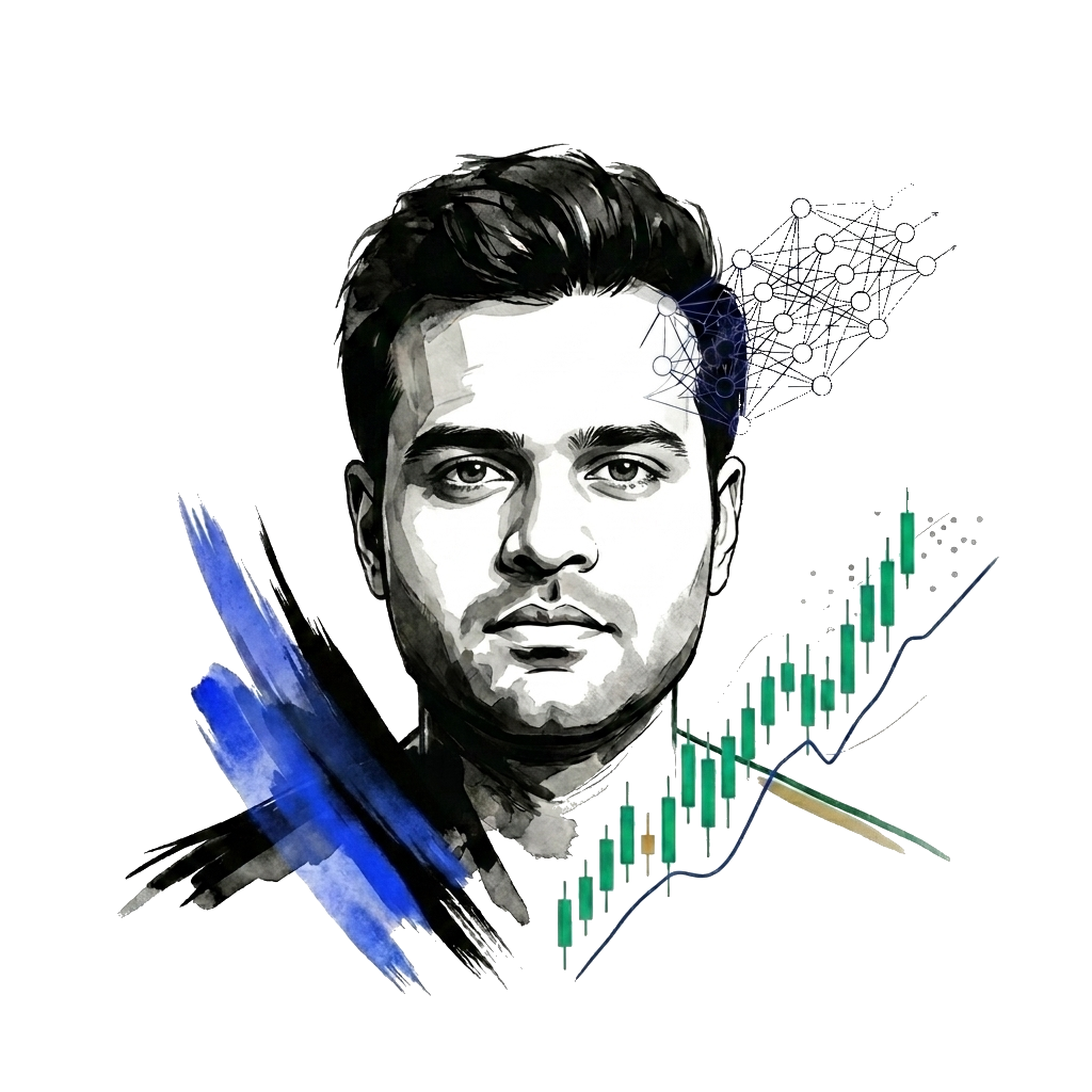 Ink and watercolor portrait of Sarthak Gupta with blue brush strokes, a rising candlestick chart, and a neural network motif